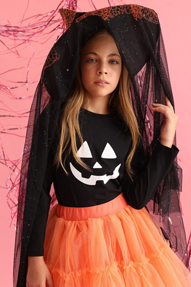 Black Pumpkin Print Long Sleeve Halloween Girls' T-Shirt