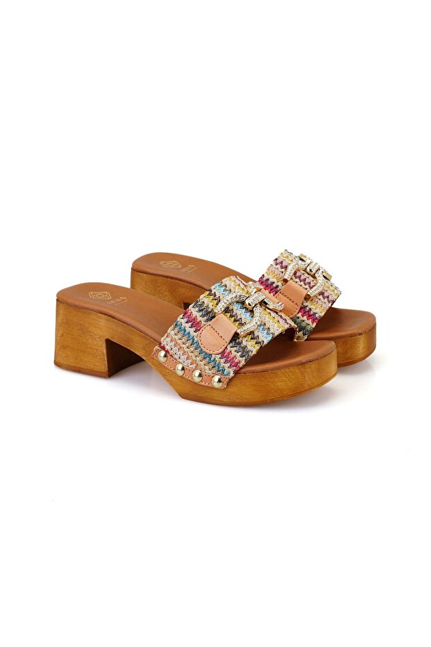 Women's Colorful Heeled Leather Slippers