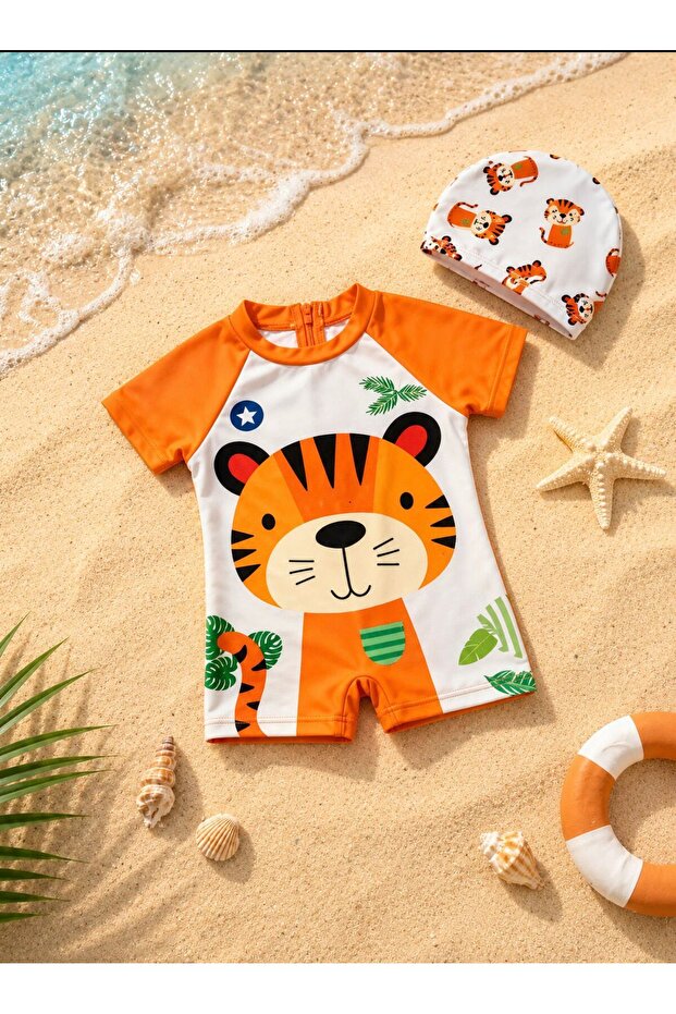 Short Sleeve Tiger Pattern Baby Boy Swimsuit Set with Hat - Quick Dry - Summer