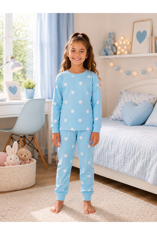 Girl's 100% Cotton Blue and White Polka Dot Long Sleeve Winter Pajamas Set