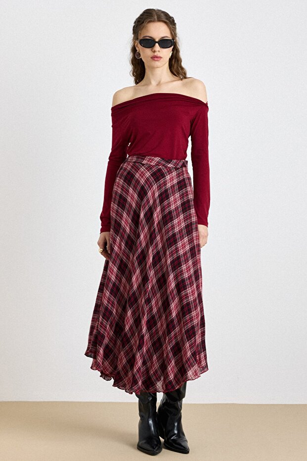 Plaid Patterned Flared Thin Fabric Skirt Claret Red 7074