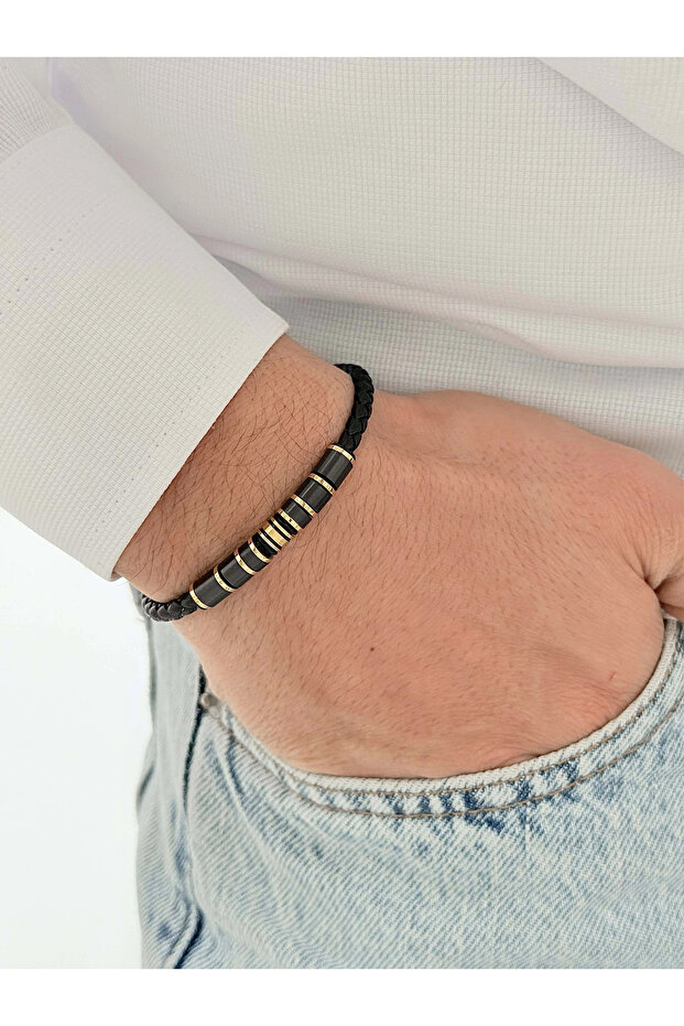 Yellow Steel Leather Men's Bracelet Frj10190A-B 2-Year Warranty Gift Boxed