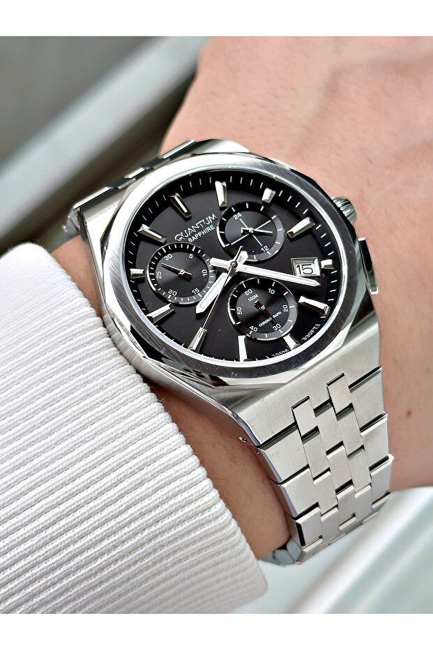 Functional Silver-Black Color Sapphire Glass Steel Band Steel Case Men's Wristwatch 1288Mr