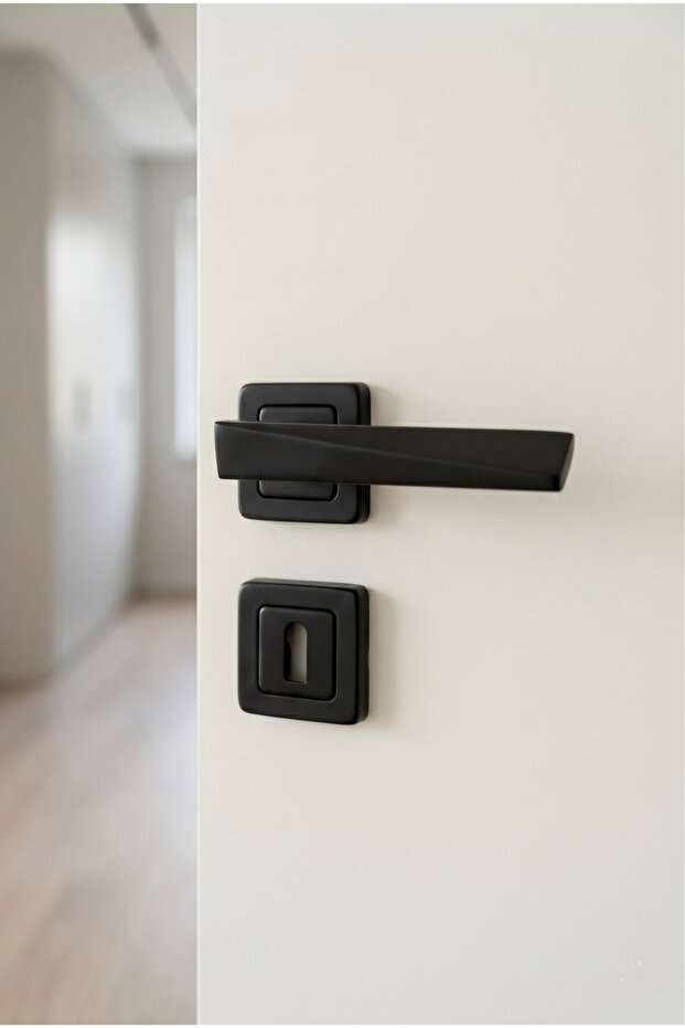 Matte Black Prism Square Rosette Room Door Handle Set – 1 Set (2 Pieces Backplate/Frontplate) – Modern Design