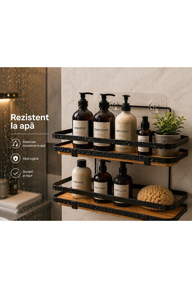 Premium double shelf for bathroom or kitchen, 5Five Simply Smart, installation without drilling, durable adhesive backing, metal and wood, black with wood look - 5