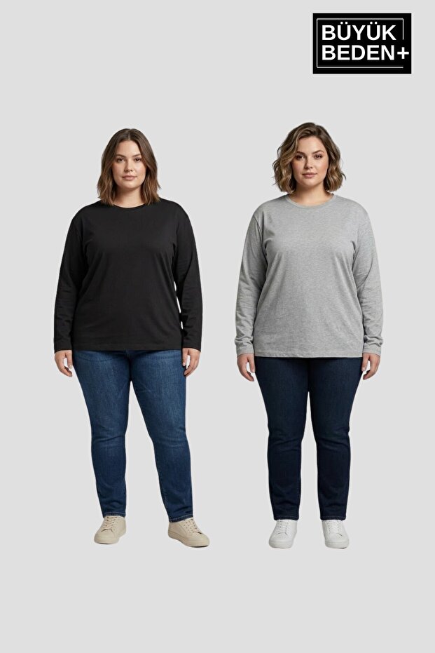Women's Plus Size 2-Piece Set Long Sleeve 2 Thread Crew Neck T-Shirt Spr26Bea942+2