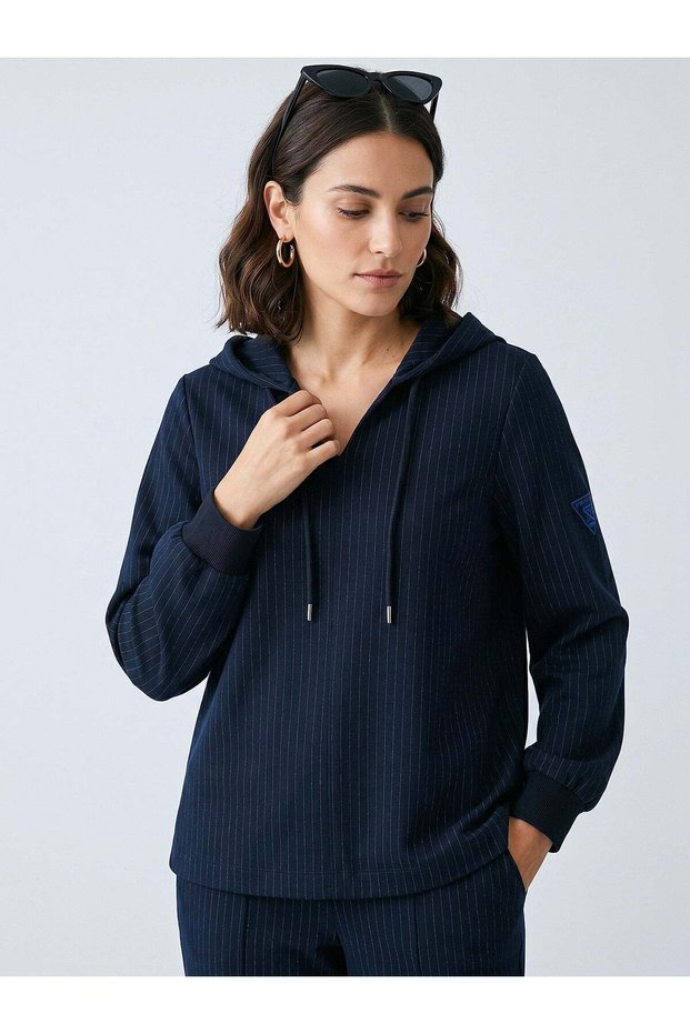 Women's Navy Blue Striped Hooded Pocket V-Neck Long Sleeve Viscose Top and Bottom Set