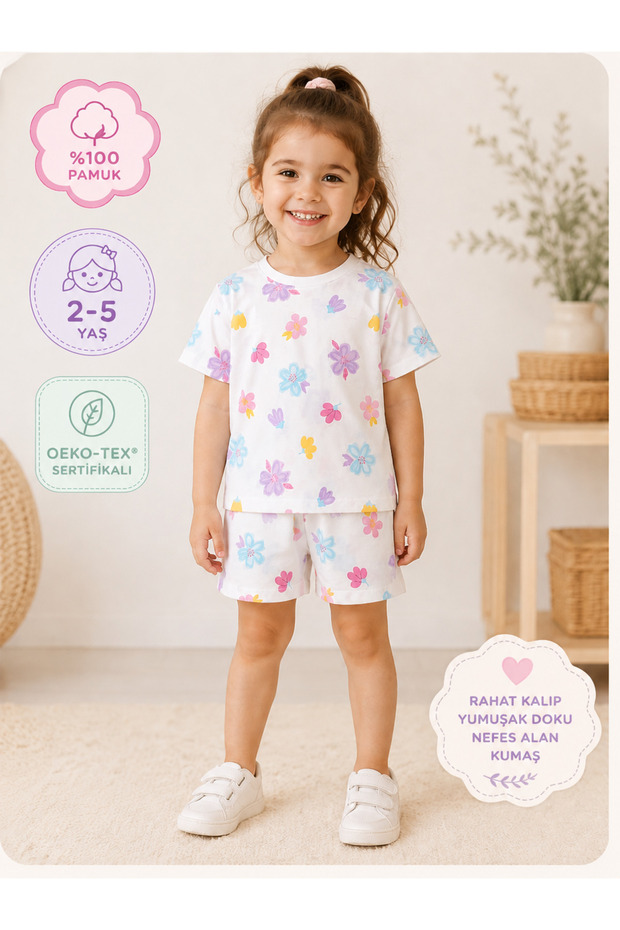 Organic Cotton Girls' Floral Patterned Shorts Set – Summer 2-Piece Set (Ages 2-5)