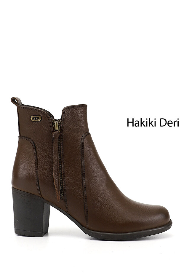 Women's Coffee Floater Zippered Thick Heeled Genuine Leather Boots