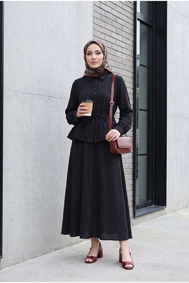 Two-Piece Ruched Blouse and Skirt Set - Black