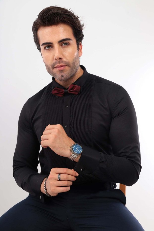 Slim Fit Long Sleeve Soft Satin Tuxedo Groom Wear Men Gift Boxed Shirt Fs-001947 - Black