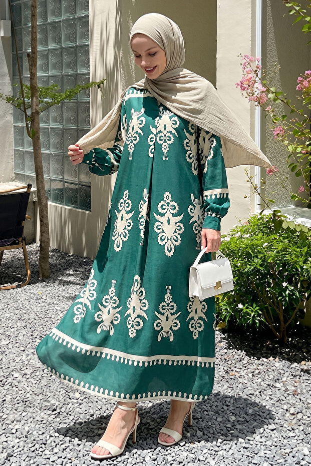 Patterned Viscose Dress - Green