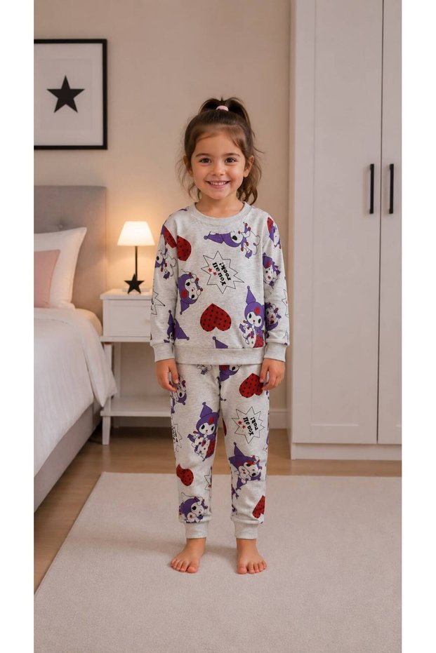 Girl's Cotton Fabric Gray Color Kuromi Patterned Long Sleeve Seasonal Pajama Set