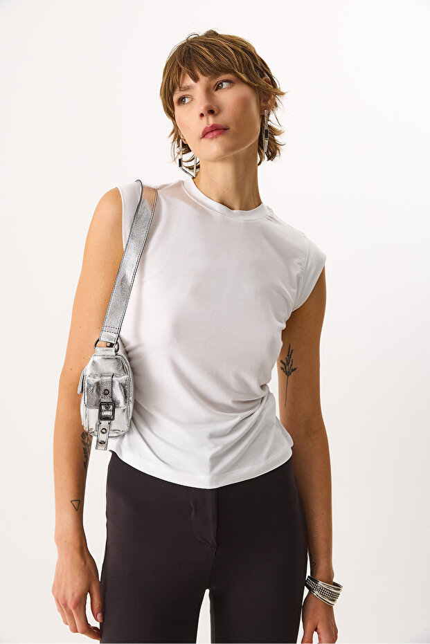 Women's Crew Neck Gathered Viscose T-Shirt - White