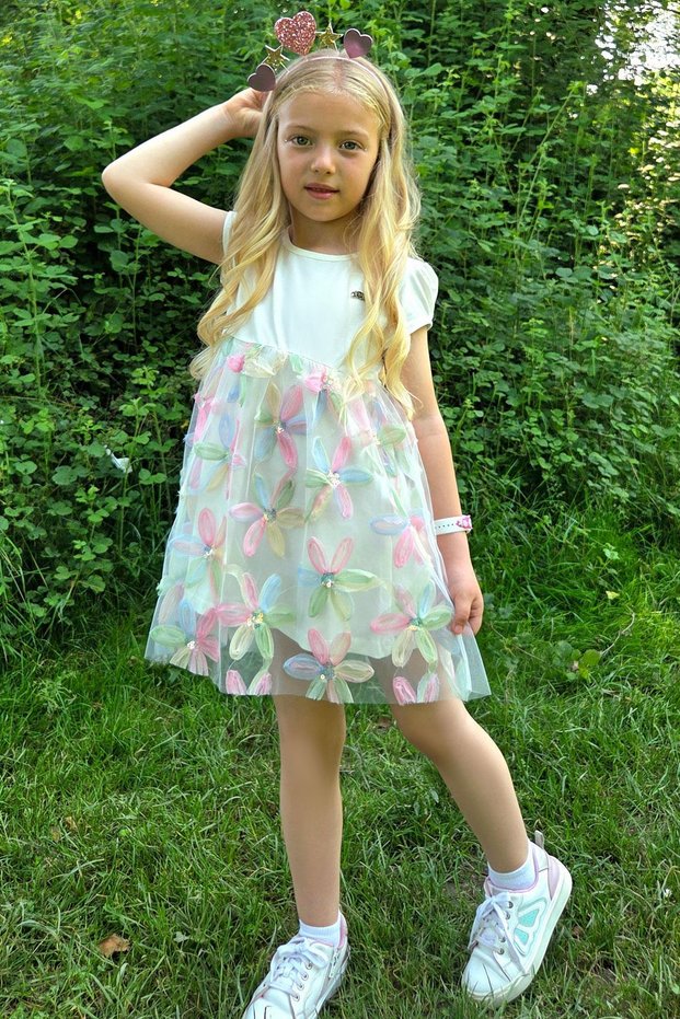 Girl's Dress with Colorful 3D Daisy Flower Applique and Sequin Detail, Ages 3-8, Ecru