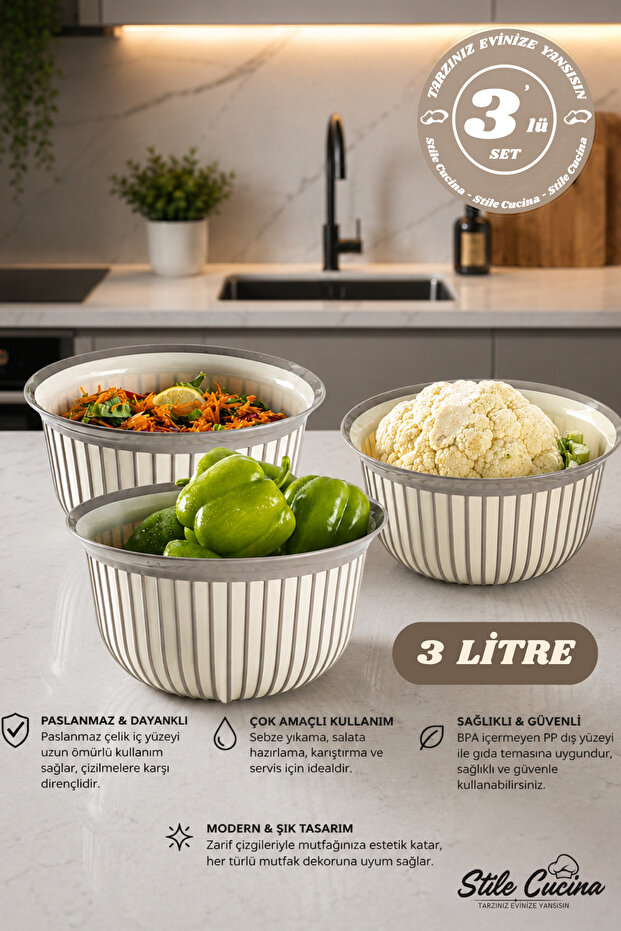3-Piece Economical Linea Round Bowl Set Beige (3 X 3 Liters)
