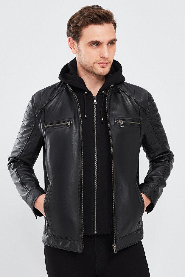 Sergio Men's Black Hooded Sports Leather Coat 24Sge65191M