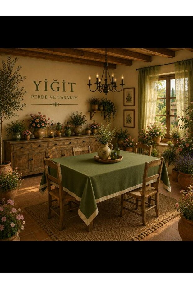 116 Yi̇ği̇t Perde Ve Tasarim Earth Green Floor Beige Transitional Velvet Textured Table Cloth