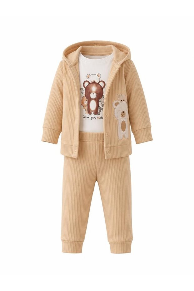 Teddy Bear Printed 100% Cotton Hooded Cardigan, Bodysuit and Pants 3-Piece Set
