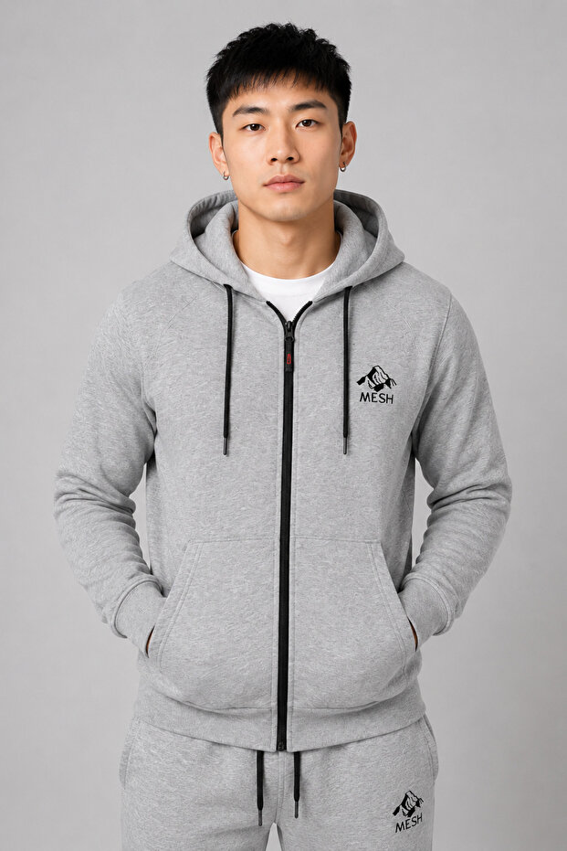 Men's Embroidered Zippered Gray Tracksuit Set, Cotton Thick Fleece Winter Bottom-Top Sweatshirt