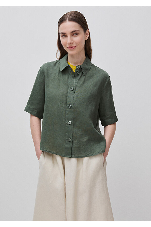 Women's Khaki 100% Linen Half Sleeve Plain Shirt