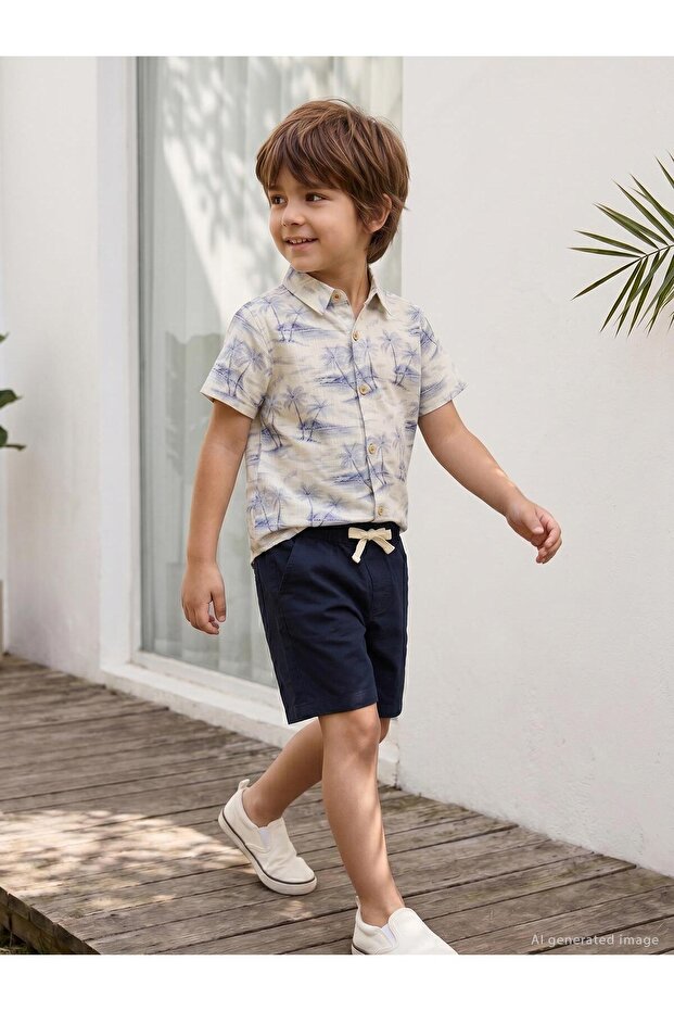 Palm Tree Patterned Set for 2-5 Years - Navy Blue