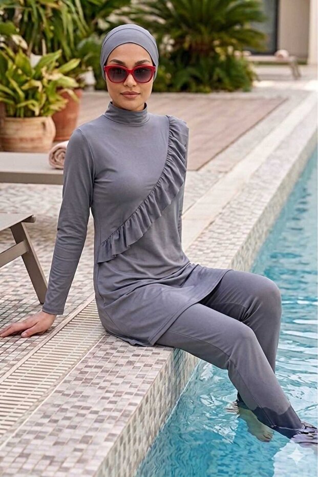 Gray Long Sleeve Ruffled Knitted Stretchy Pants Hijab Swimsuit Set