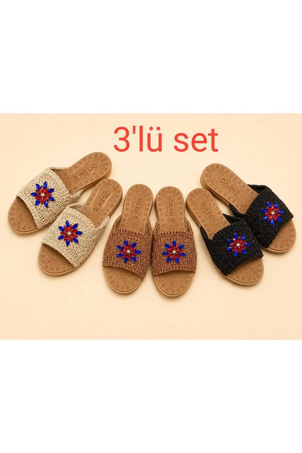 Set of 3 Women's Straw Slippers Beige Knitted Lace Knitwear Embroidered Stylish New Season Summer Home Beach Vacation Slippers