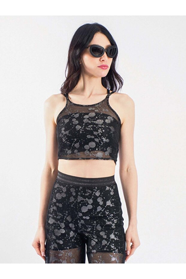 Glittery Mesh Cross-Strap Back Crop Top Women's Blouse