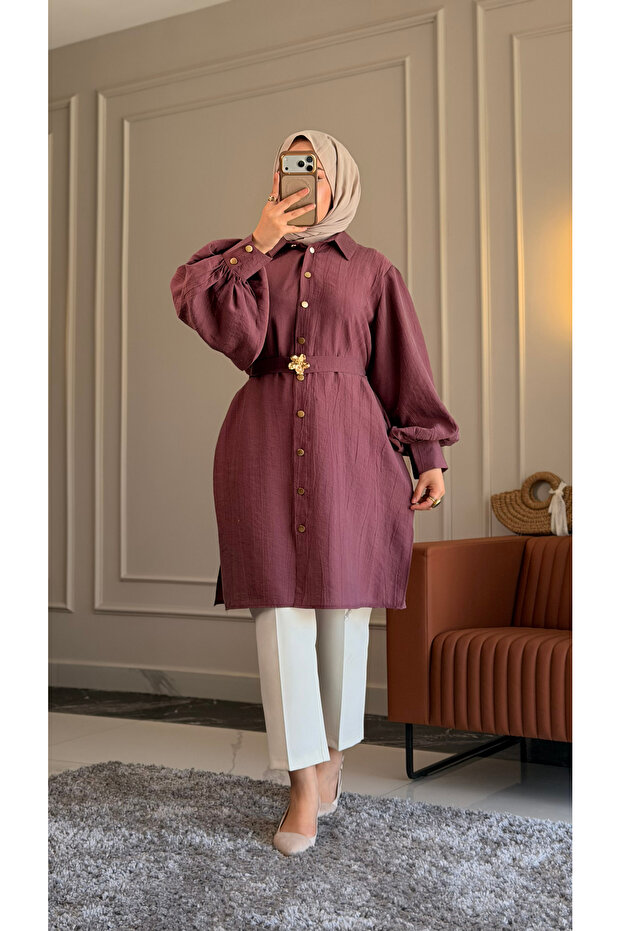 6423 - Comfortable Zippered Buttoned Viva Balloon Sleeve Long Tunic with Waist Belt Detail