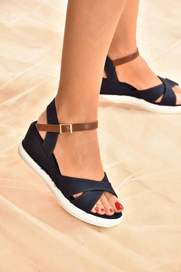 Navy Blue Linen Women's Wedge Heeled Shoes K674305005