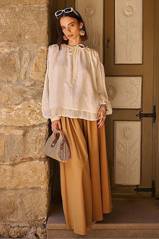 Yakası Tie-Detail Bluz Taş