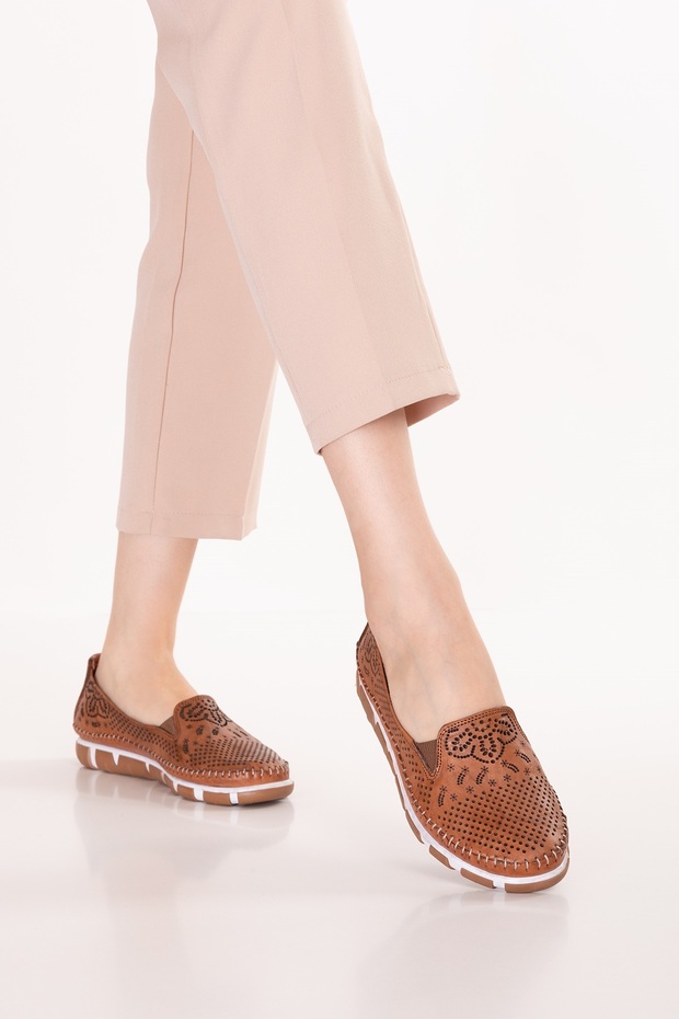 Genuine Leather Laser Perforated Comfortable Summer Shoes Ars.325 Tan