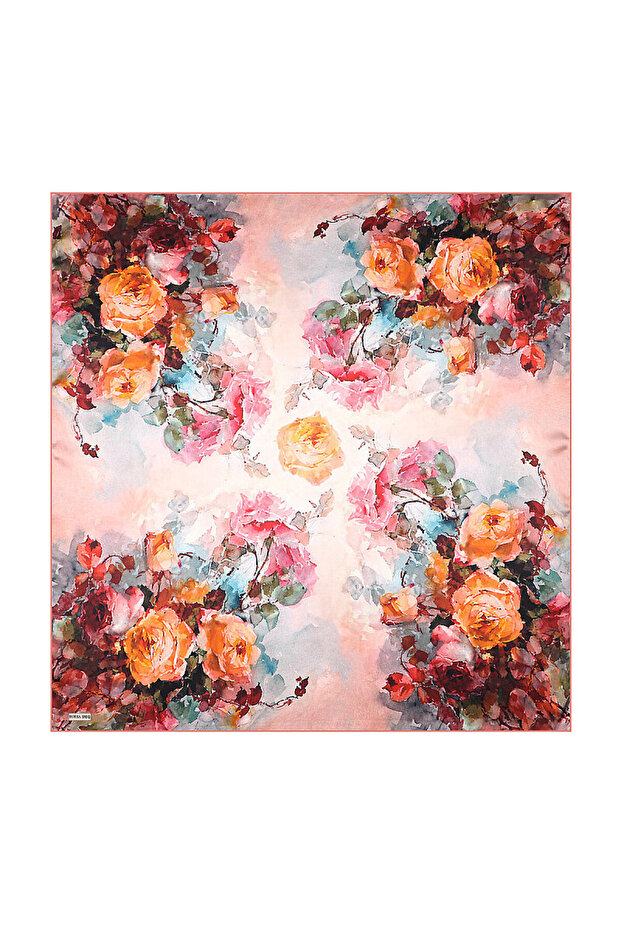 Dark Salmon Camellia Pattern Sura Silk Scarf