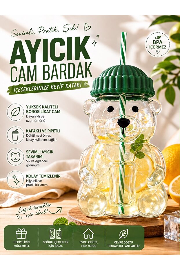 Premium Glass Barista Cold Drink Cup with Teddy Bear Design