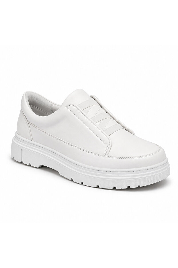 White Leather Elastic Men's Shoes - Laceless Practical Easy-To-Clean Minimalist Casual Sneaker Kb 703