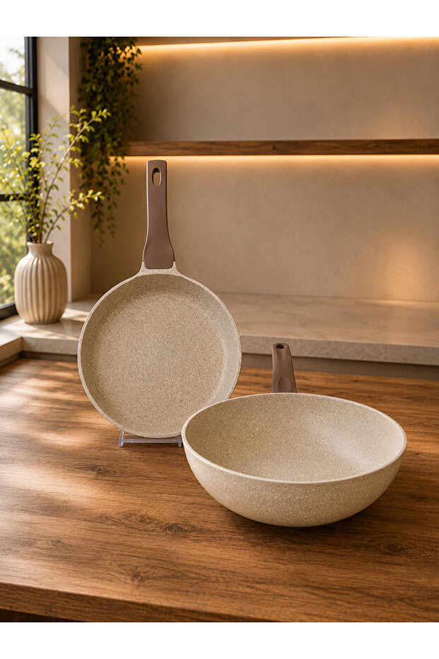 Terra 2 Piece Cast Granite Crepe Pan and Wok Pan Set Cappuccino Non-Stick Surface