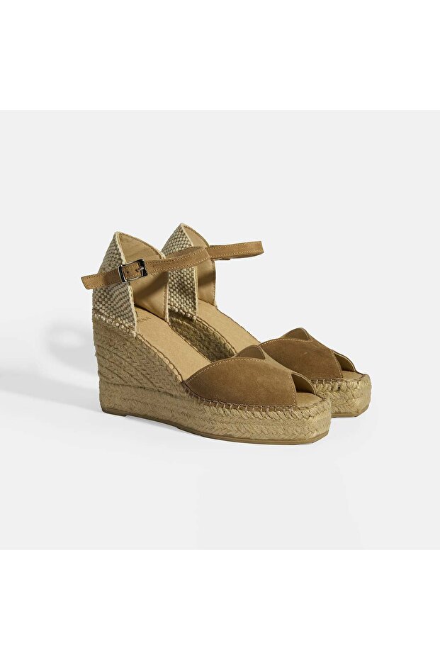 Beige Women's Buckle Detailed Wedge Heeled Suede Espadrille