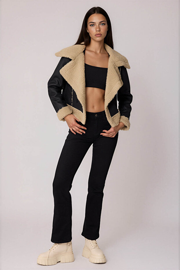 Buttoned Front Furry Crop Biker Jacket - 2