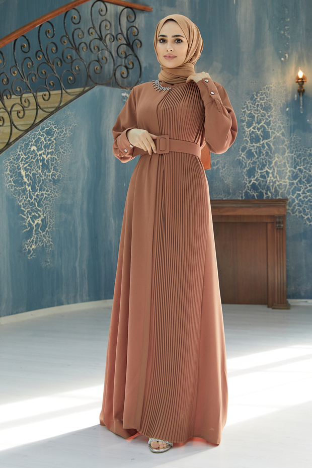Rochie plisată cu curea - Camel - 1