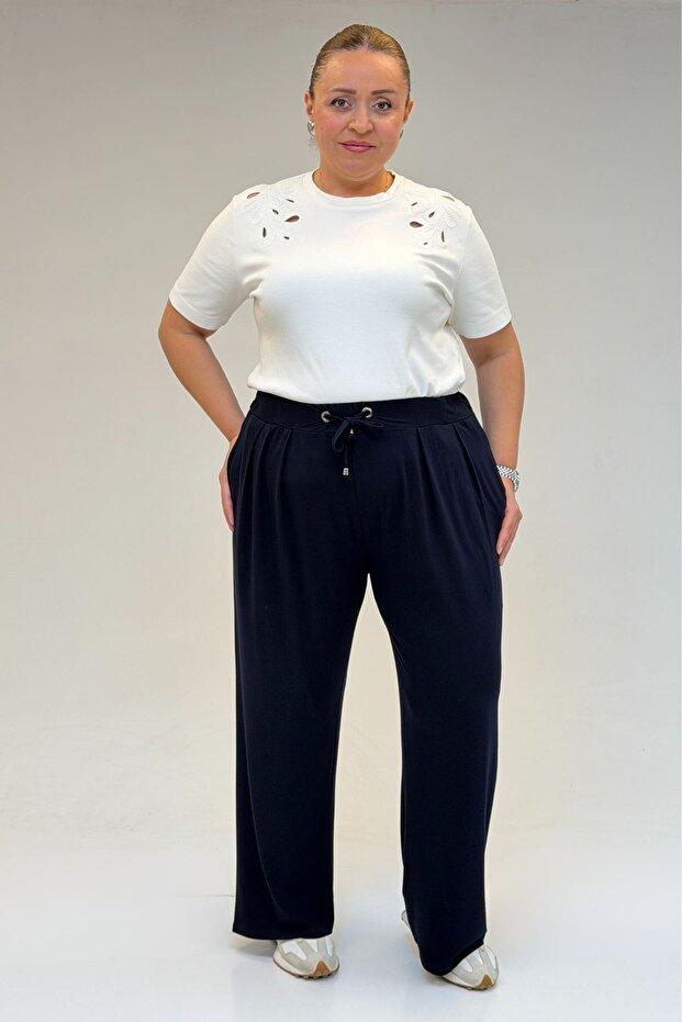 59002 Large Size Pleated Detail Combed Cotton Trousers - Navy Blue