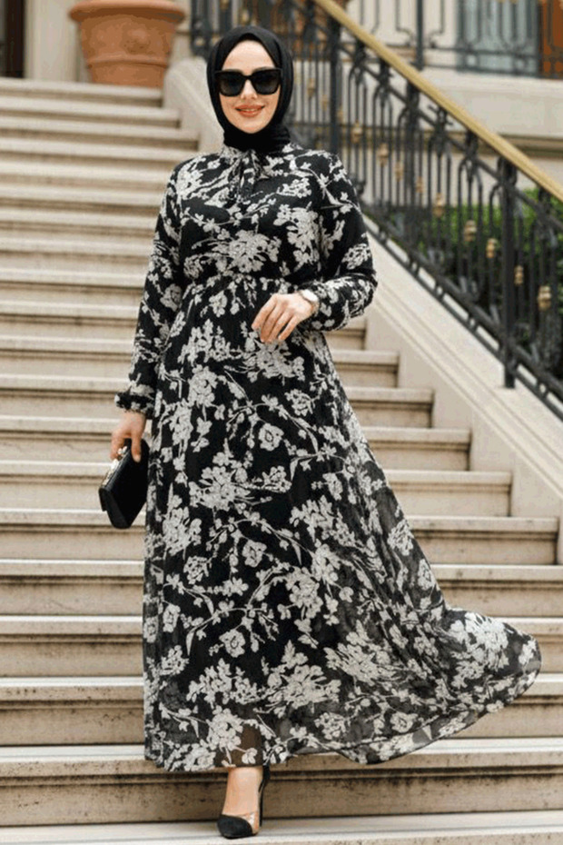 Floral Patterned Black Hijab Dress 50352S