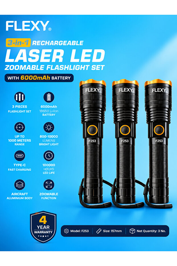 مصباح يدوي LED قابل لإعادة الشحن F253 Ranger R3 3 في 1 مع خاصية التكبير/التصغير، مع ضمان لمدة 4 سنوات