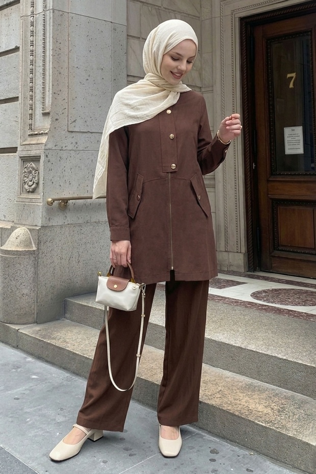 Buttoned Detail Jacketed Brown Suit - 2