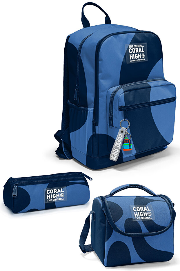 Navy Blue Blue Patterned 3-Piece School Bag Set SET0123688