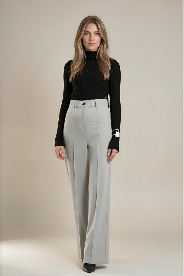Women's Palazzo Pants High Waist Thin Cut Turquoise Gray Basic Pants Cess-3056