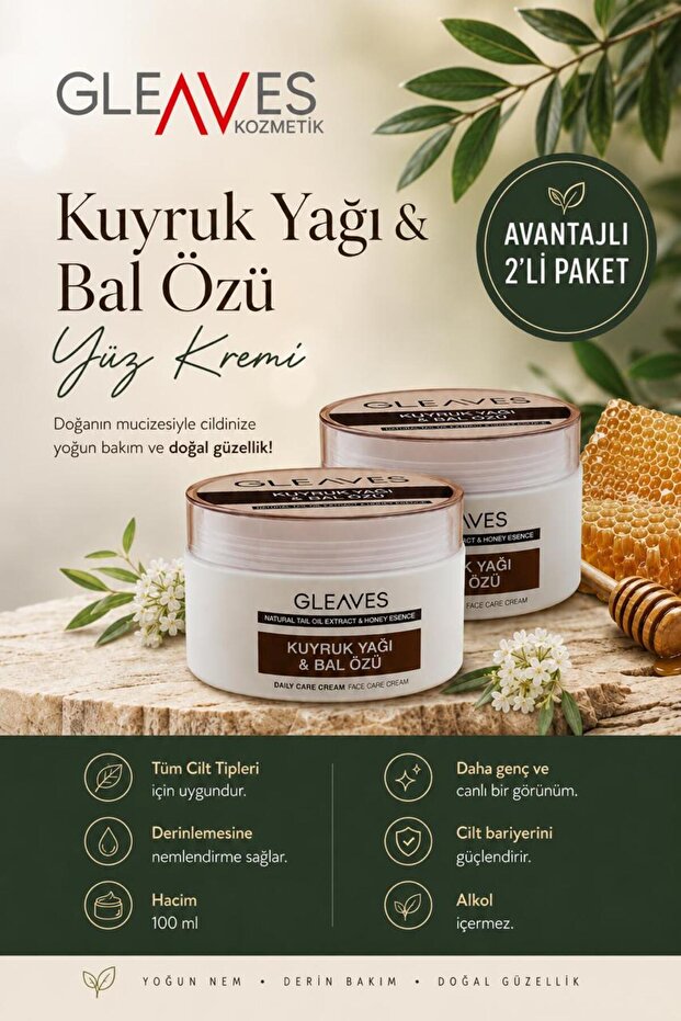 2 Pack Anti-Aging Natural Moisturizing Facial Care Cream with Face Tail Oil and Honey Extract (2X100=200Ml)