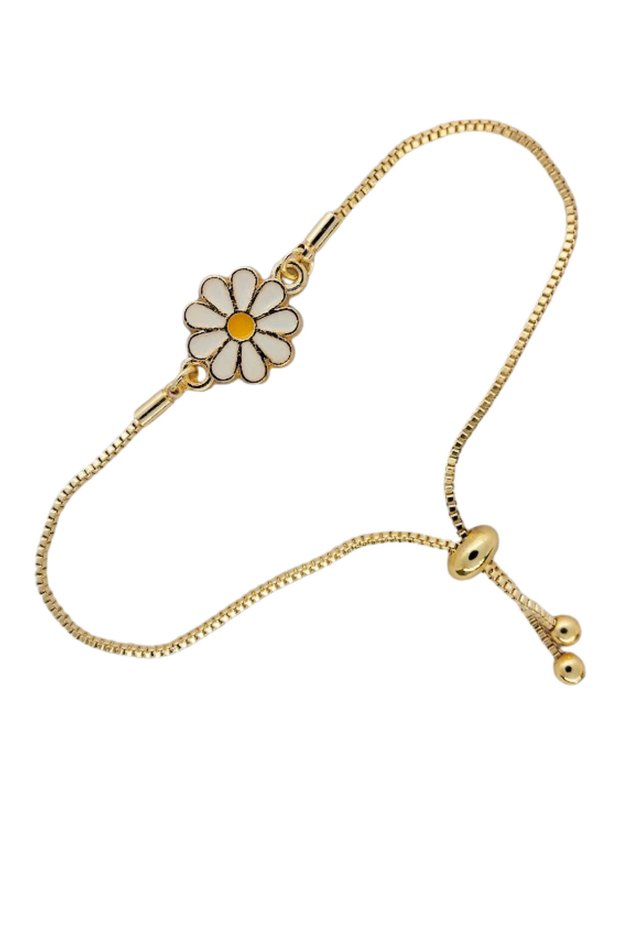 Gold Color Enamel Work Daisy Bracelet Adjustable to Fit Wrist.
