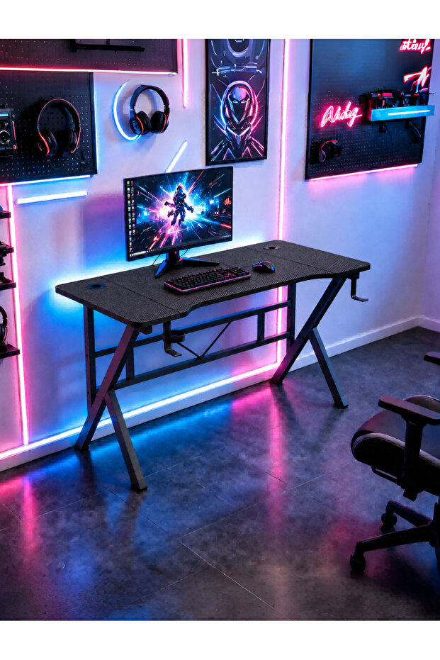 K-Shape Gaming Desk, with Headphone Hook & Cup Holder, Sturdy Metal Frame Computer Desk, Study Desk