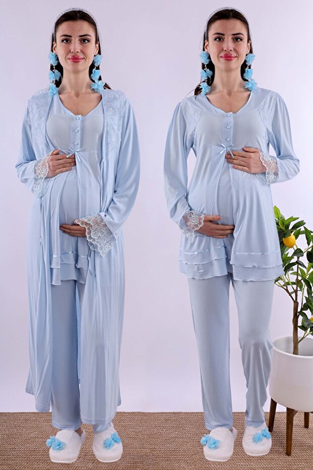 Prenatal and Postnatal Long Robe Maternity Pajama Set Effortt - Blue
